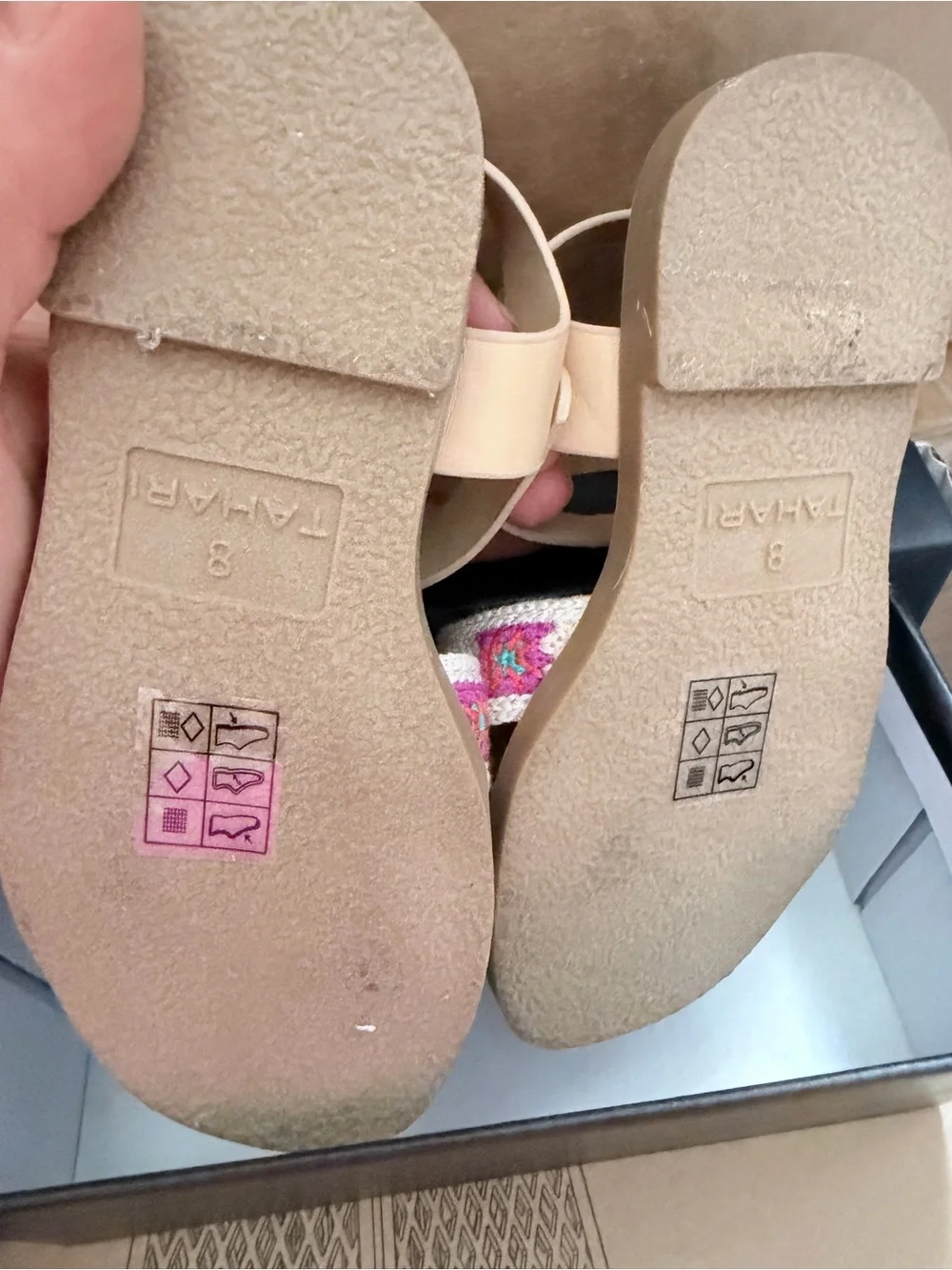 Tahari Beige Crochet Sandals with Pink and Turquoise Accents